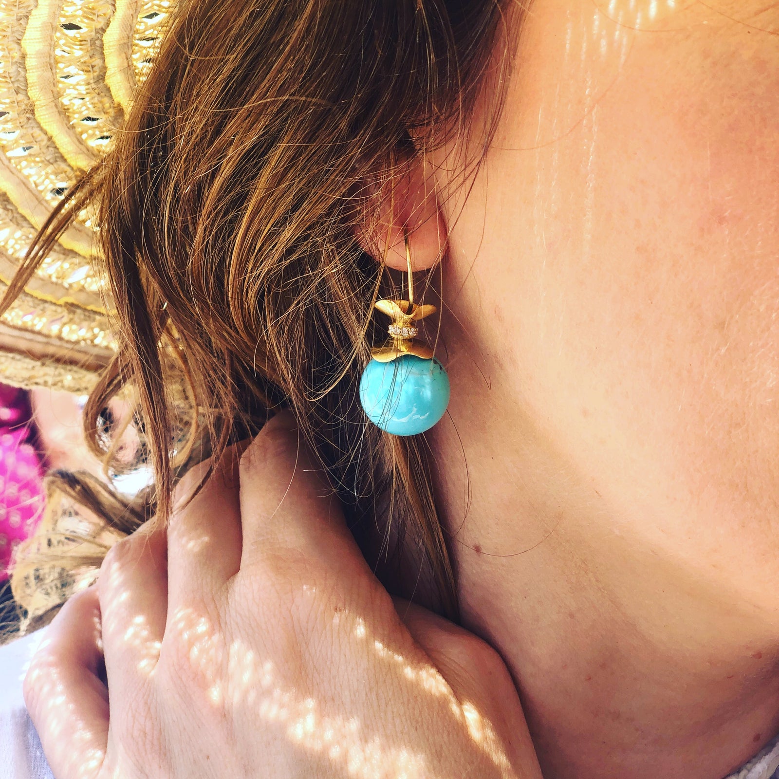 Turquoise Sphere with diamond ruffle earrings