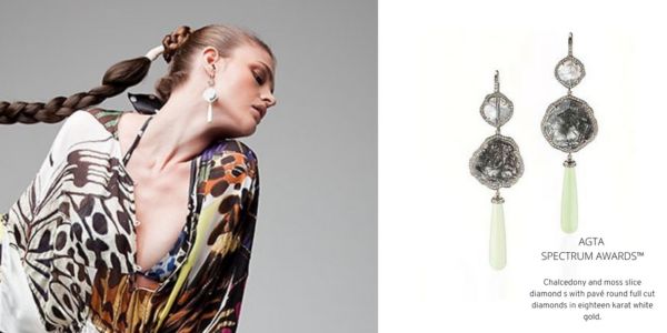 Chalcedony and moss slice diamond earrings with pavé diamonds in 18k white gold, winner of the AGTA Spectrum Awards.
