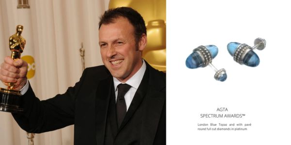 London Blue Topaz cufflinks with pavé diamonds in platinum, winner of the AGTA Spectrum Awards, showcased on the red carpet.