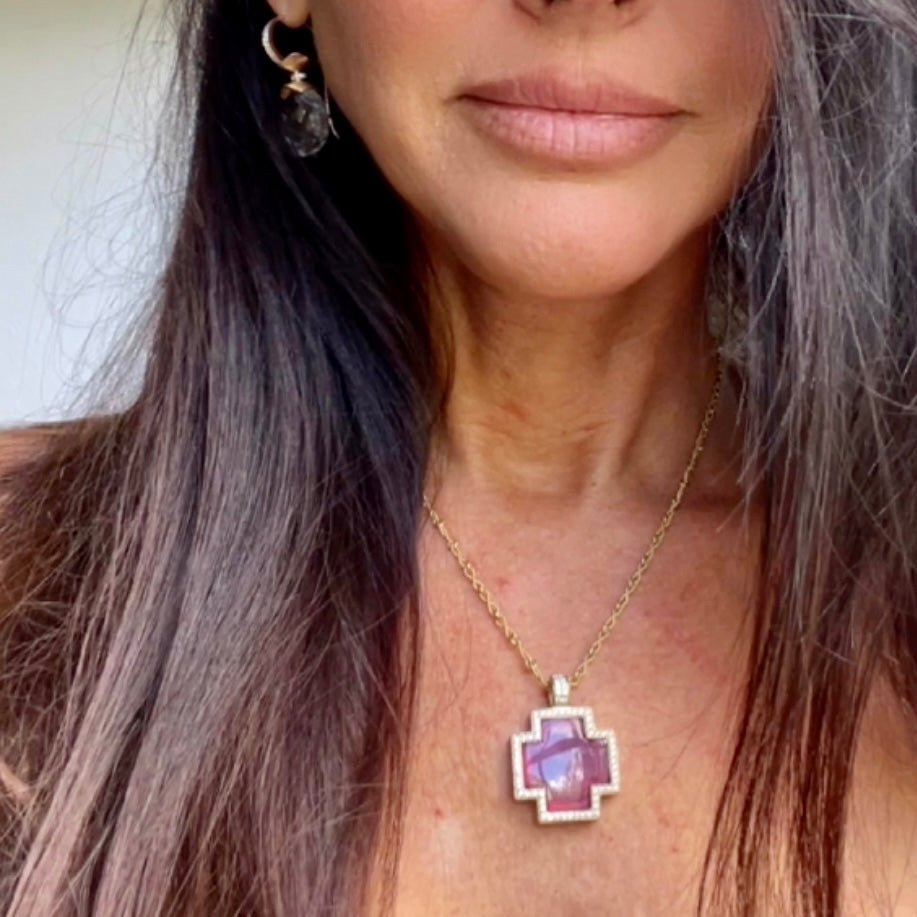DeLille 18K Yellow Gold Pink Tourmaline and Diamond Cross Pendant - Ashleigh Branstetter®