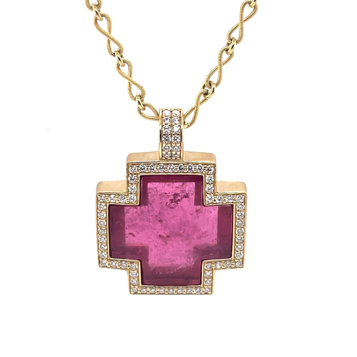 DeLille 18K Yellow Gold Pink Tourmaline and Diamond Cross Pendant - Ashleigh Branstetter®