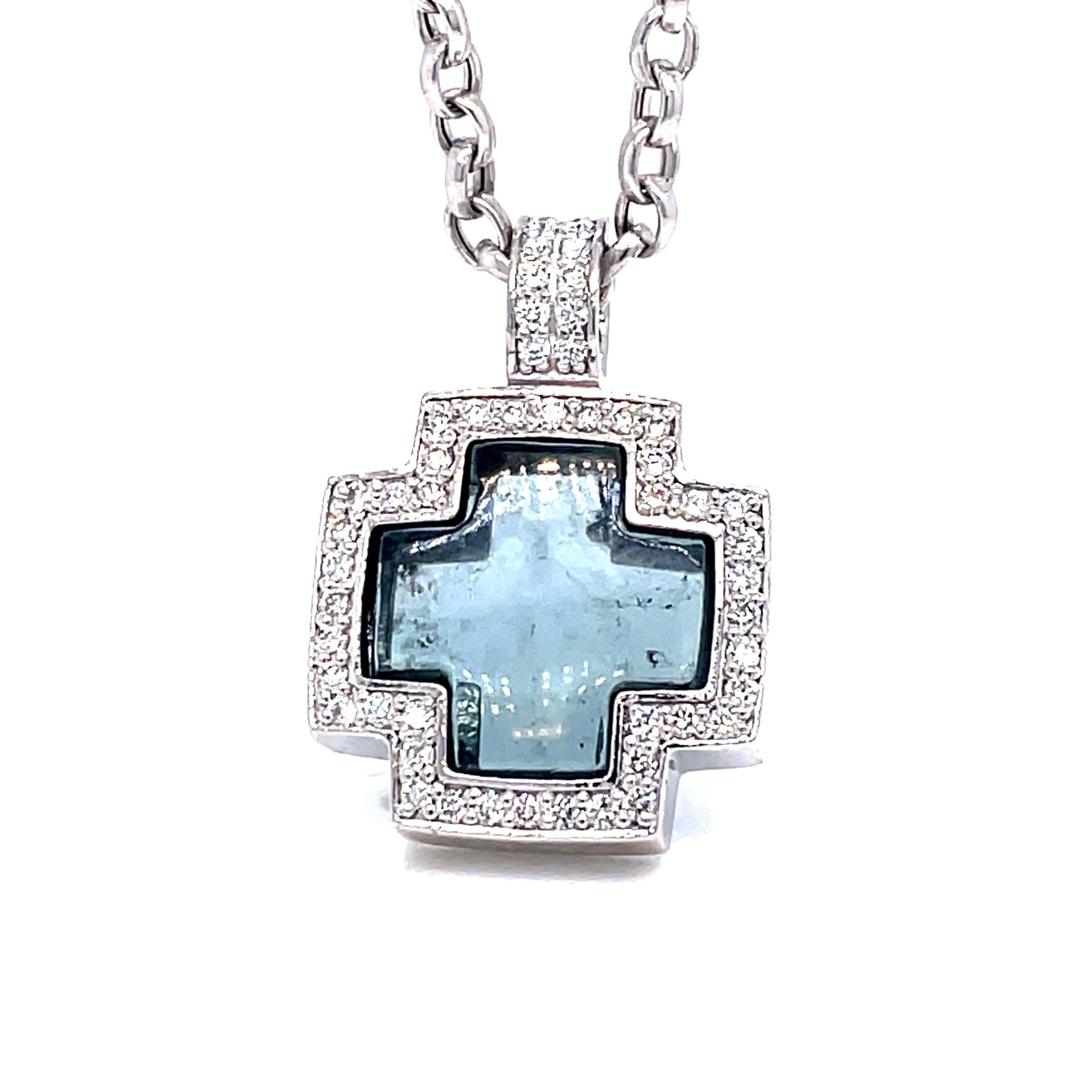 One of A Kind Blue Tourmaline and Diamond Cross Pendant in 18K White - Ashleigh Branstetter®