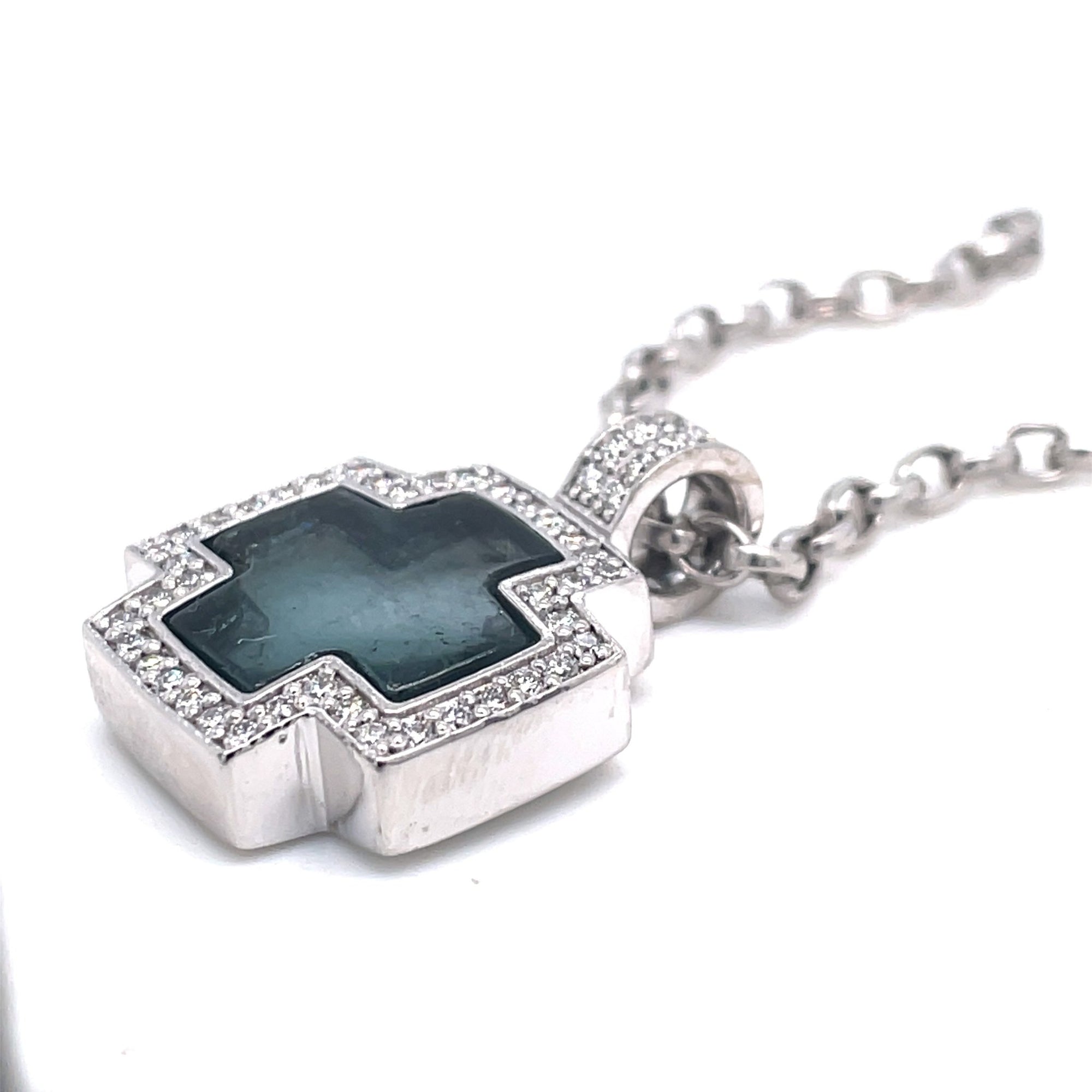 One of A Kind Blue Tourmaline and Diamond Cross Pendant in 18K White - Ashleigh Branstetter®