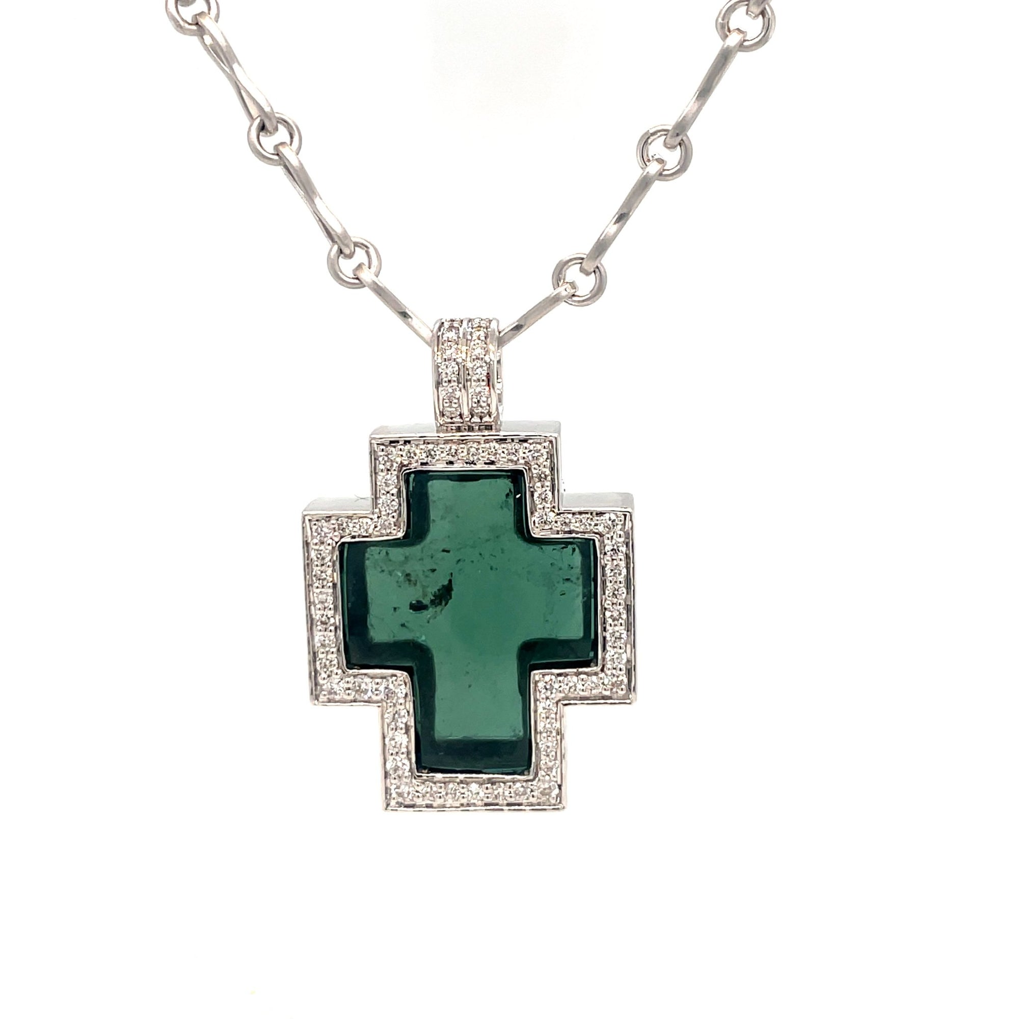 One of A Kind Green Tourmaline and Diamond Cross Pendant in 18K White - Ashleigh Branstetter®